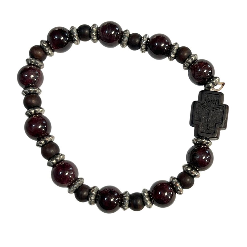 Natural Gemstone and  Wood Rosary Bracelet with Cross Stretch